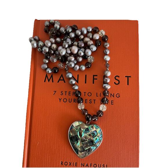 Paua Abalone Shell Mosaic Heart Neck Pendant Fresh Water pearls Mala Necklace - Picture 2 of 5